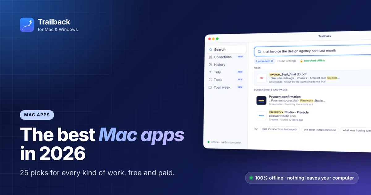 The best Mac apps in 2026, with the Trailback search window on a Mac