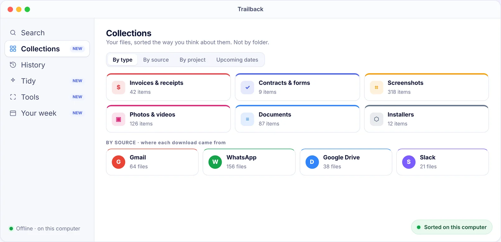 Trailback Collections sorting files by type and by source