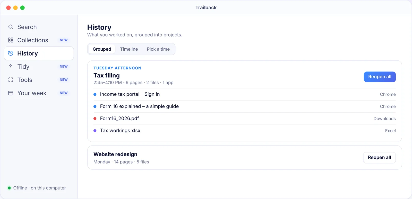Trailback History showing a grouped project with Reopen all