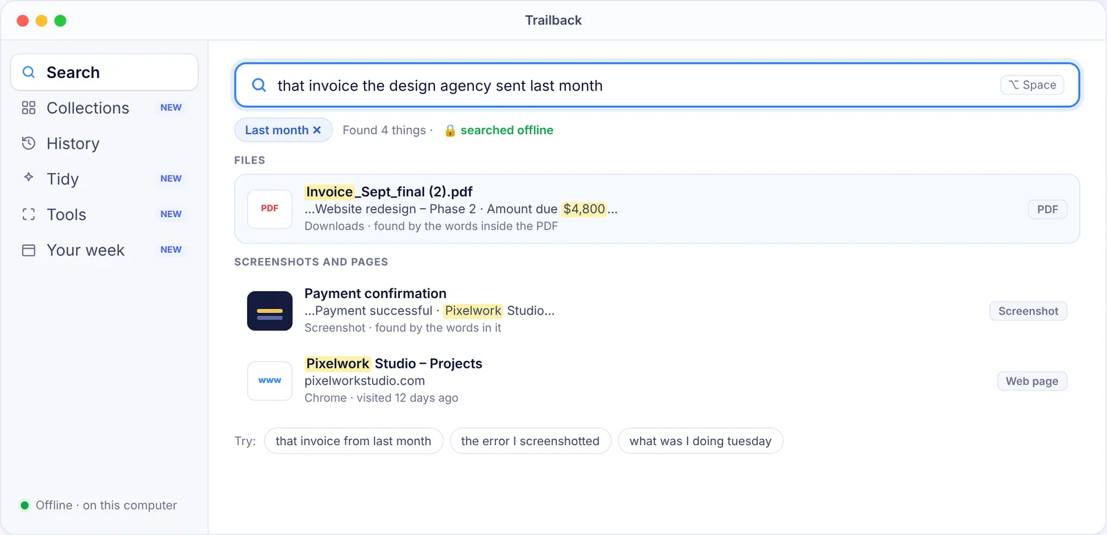 Trailback search results with files first and the matching line highlighted