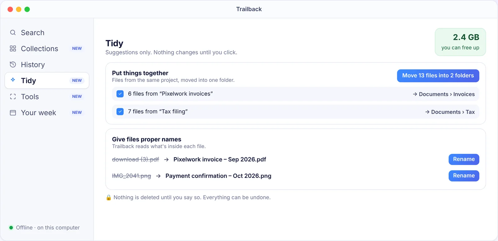 Trailback Tidy suggesting folders, file renames and space to free up