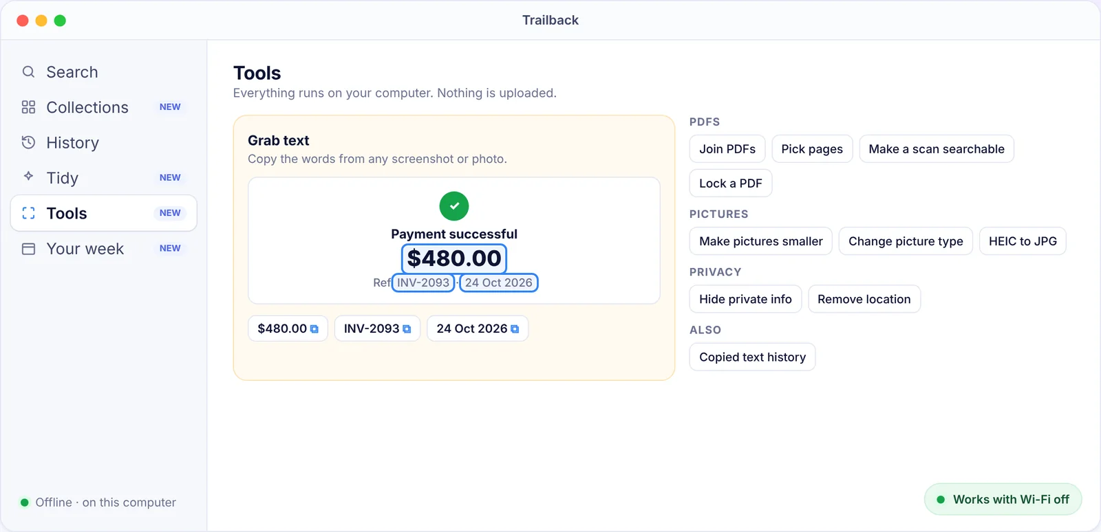 Trailback Grab text copying the amount, reference number and date from a screenshot