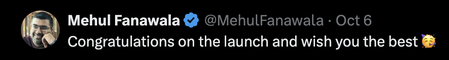 Mehul Fanawala (@MehulFanawala) on X: Congratulations on the launch and wish you the best 🥳